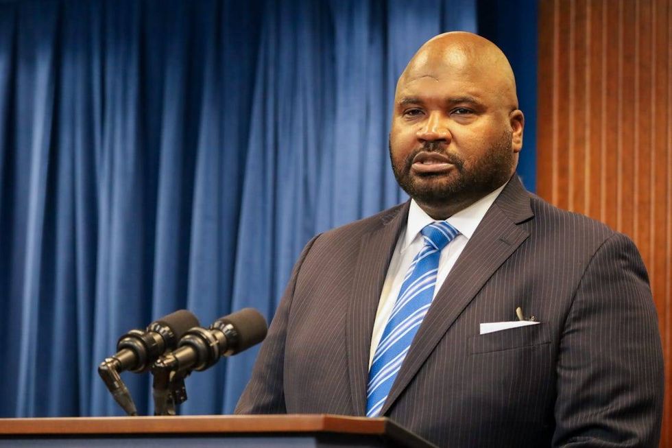 Sen. Elgie Sims, D-Chicago, discusses the state budget at a June 16 signing ceremony. Sims is the chief budget negotiator in the Senate.