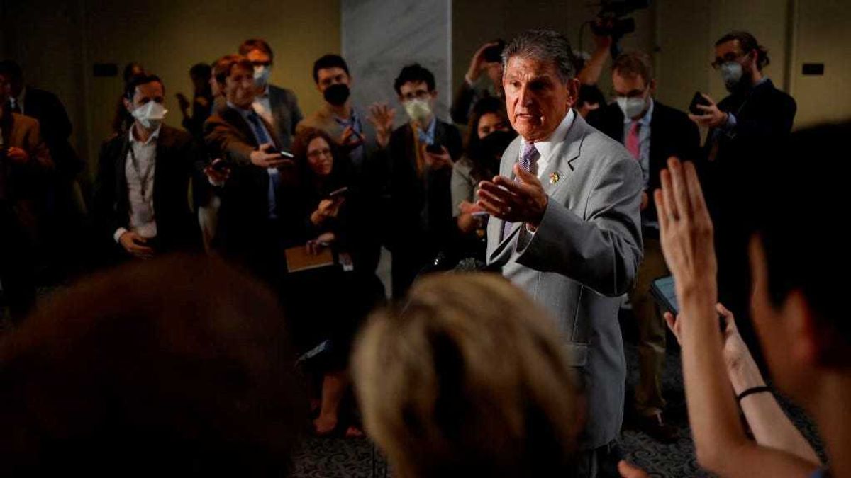 Sen. Joe Manchin (D-WV) speaks to reporters outside of his office in the Hart Senate Office Building on August 02, 2022 in Washington, DC. Negotiations in the U.S. Senate continue for the Inflation Reduction Act of 2022.