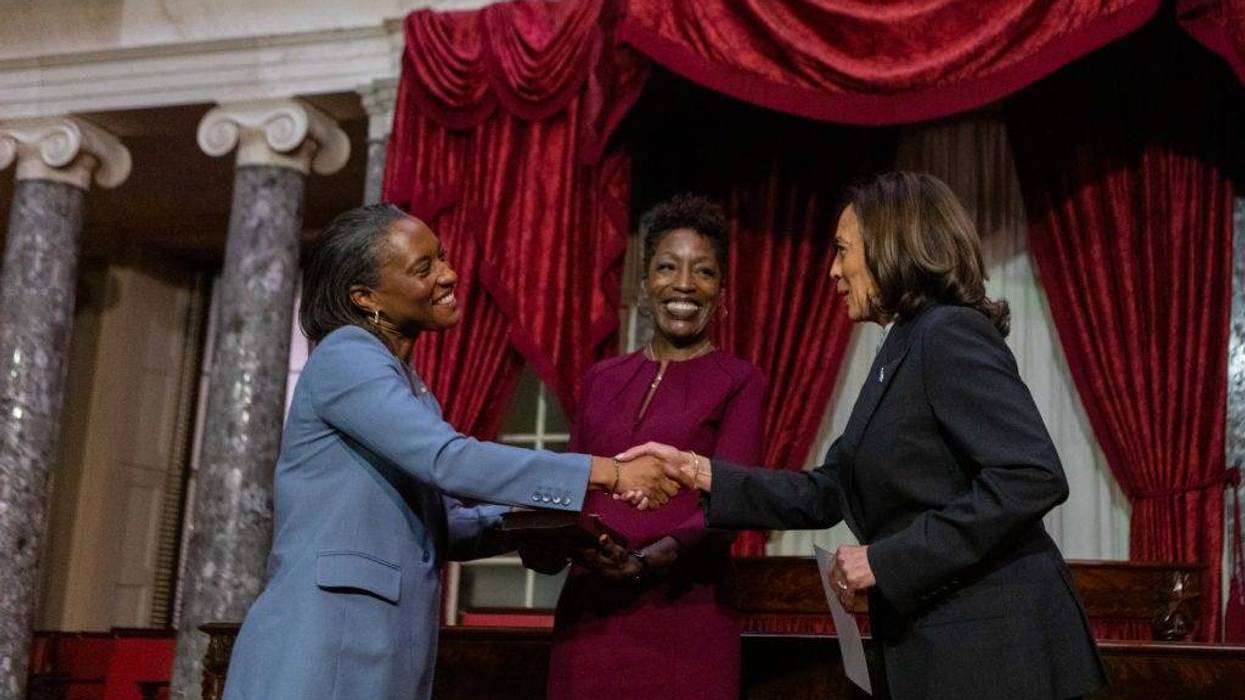 Sen. Laphonza Butler (D-CA) is sworn in by Vice President Kamala Harris in the Old Senate Chamber at the U.S. Capitol on October 3, 2023. Butler was appointed by Governor Gavin Newsom to the vacant Senate seat of California following the passing of Dianne Feinstein.