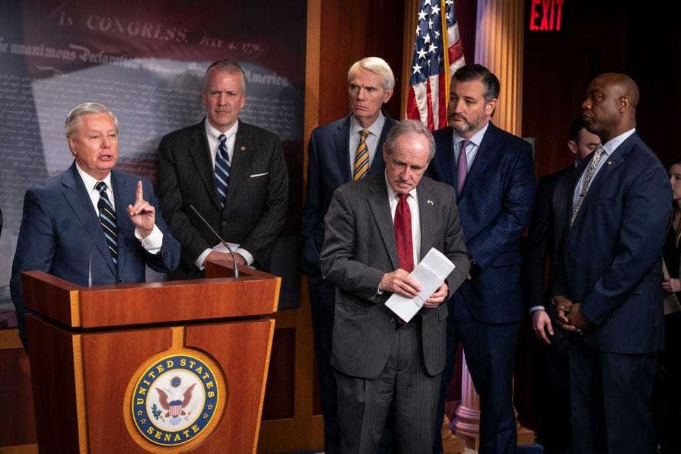 Sen. Lindsey Graham (R-SC) speaks during a news conference with Senate Republicans about the Russian invasion of Ukraine, at the U.S. Capitol on March 2, 2022 in Washington, DC. The group of GOP Senators urged the U.S. to halt Russian oil imports and boost energy production domestically.