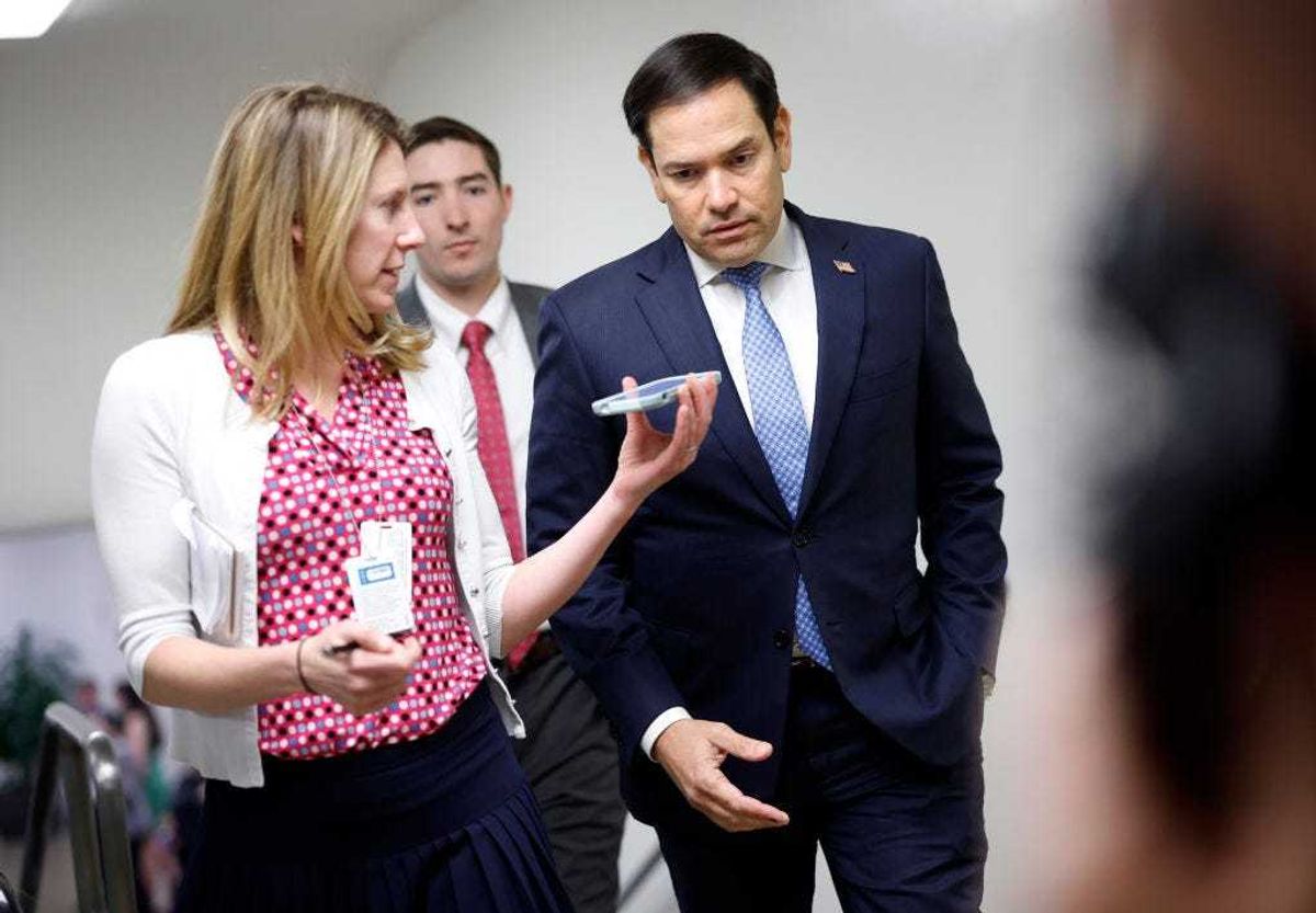 Sen. Marco Rubio (R-FL) talks to members of the media as he walks to the Senate chamber at the U.S. Capitol on April 23, 2024 in Washington, DC.