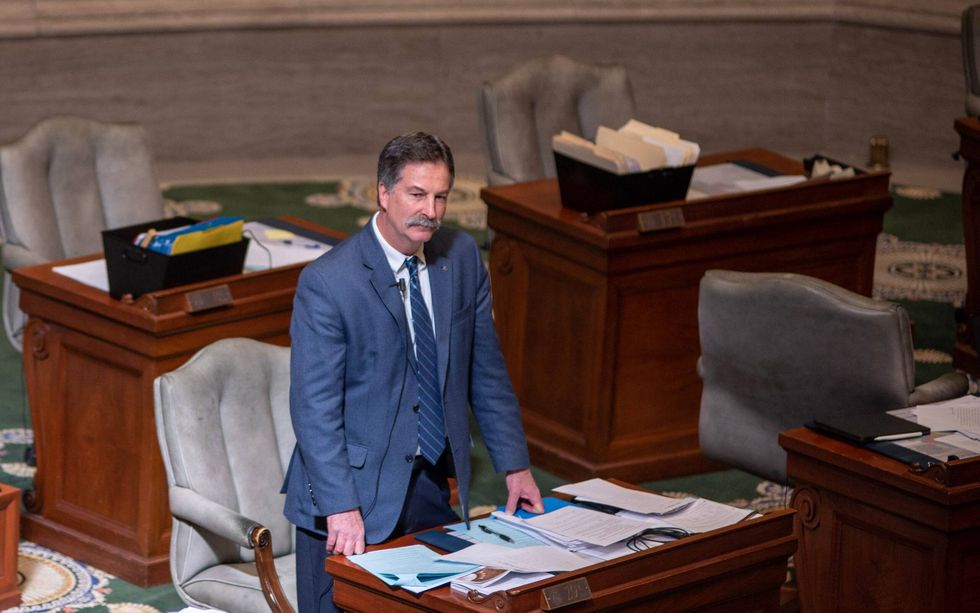 Sen. Mike Moon, R-Ash Grove, speaks on the Senate floor on Feb. 27, 2023