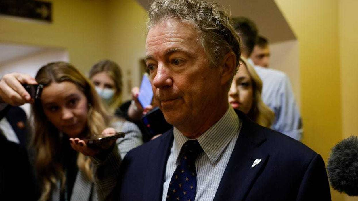 Sen. Rand Paul (R-KY) speaks to reporters as he walks through the Senate Subway at the U.S. Capitol Building on September 28, 2023 in Washington, DC.