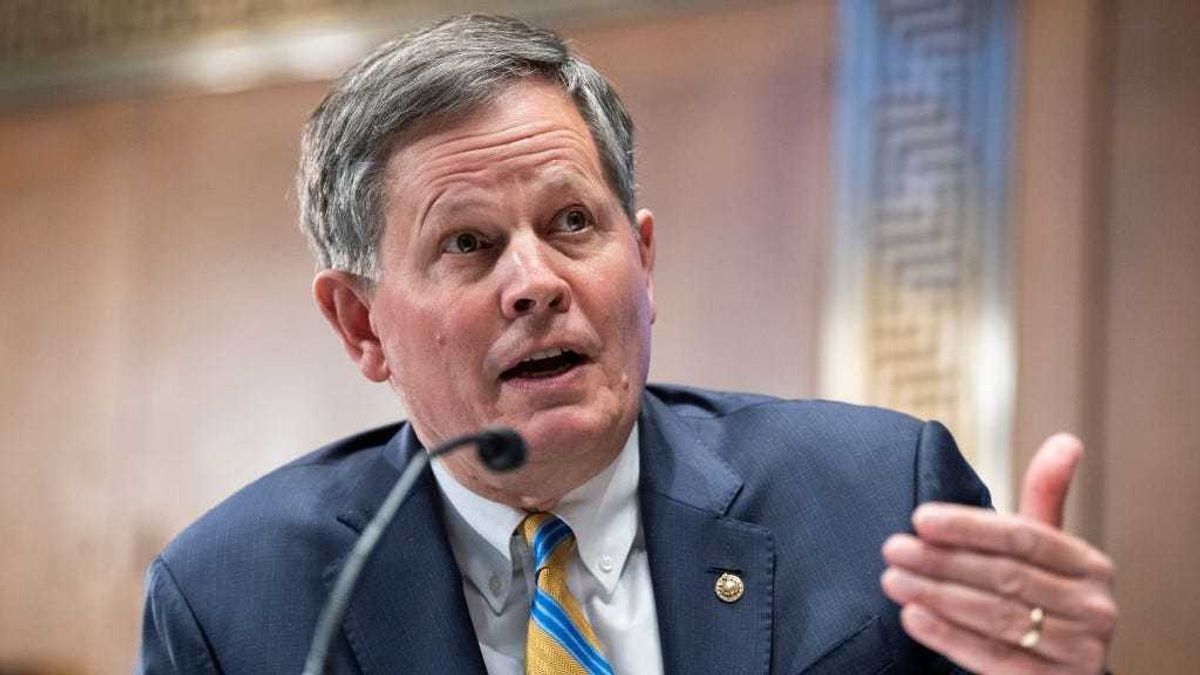 Sen. Steve Daines (R-MT) questions U.S. Federal Reserve Chair Jerome Powell as he testifies at a Senate Banking, Housing, and Urban Affairs Committee hearing on the Fed's "Semiannual Monetary Policy Report to the Congress," on Capitol Hill on March 3, 2022 in Washington, DC.