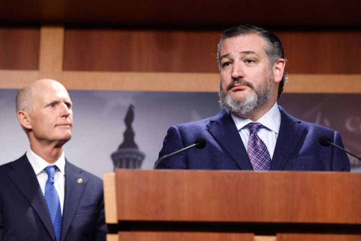 Sen. Ted Cruz (R-TX) speaks during a news conference alongside Sen. Rick Scott (R-FL) at the U.S. Capitol Building on January 25, 2023 in Washington, DC.