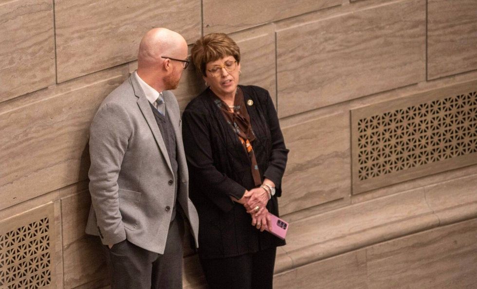 Sen. Travis Fitzwater, R-Holts Summit, talks with Senate Majority Leader Cindy O
