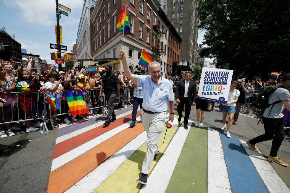 Senate Majority Leader Chuck Schumer attends New York City Pride on June 27, 2021 in New York City