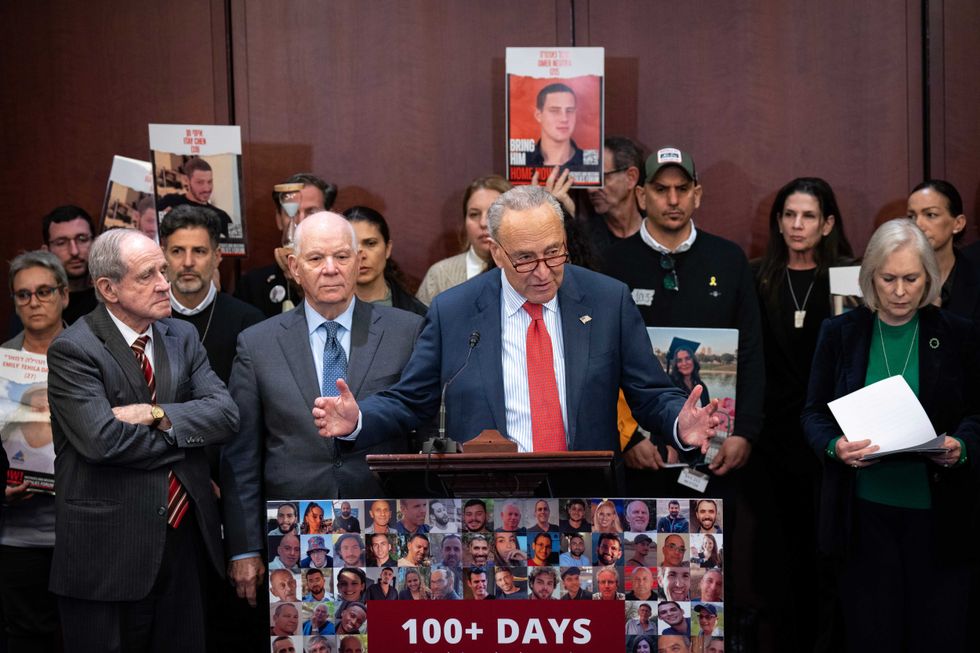 Senate Majority Leader Chuck Schumer (D-NY) speaks during a news conference with family members of people held hostage by Hamas in the Gaza Strip and a bipartisan group of Senators from the Senate Foreign Relations Committee at the U.S. Capitol January 17, 2024 in Washington, DC.