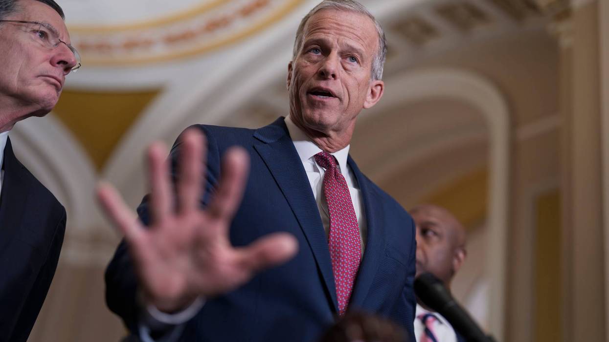 Senate Majority Leader John Thune, R-S.D., center, joined at left by Sen. John Barrasso, R-Wyo., the GOP whip, speaks to reporters at the Capitol in Washington, Tuesday, March 3, 2026.