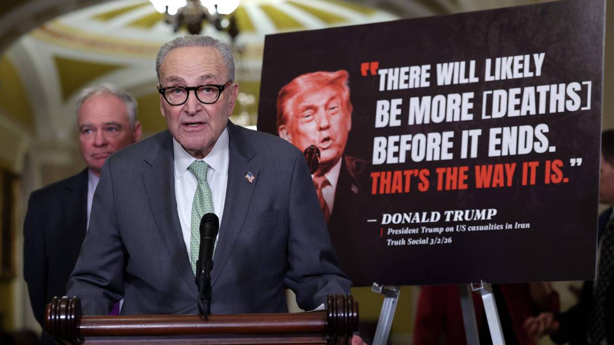 Senate Minority Leader Chuck Schumer (D-NY), joined by Sen. Tim Kaine (D-VA), speaks to reporters following the weekly Senate Democrat policy luncheon at the U.S. Capitol.