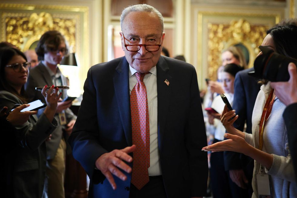 Senate Minority Leader Chuck Schumer (D-NY) leaves the Democratic caucus lunch at the U.S. Capitol on March 13, 2025