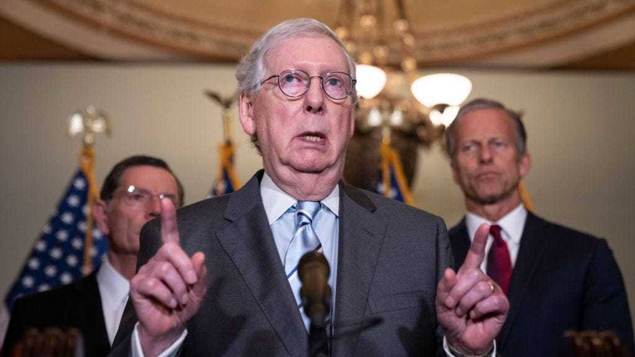 Senate Minority Leader Mitch McConnell (R-KY) speaks during a news conference after a closed-door lunch meeting with Senate Republicans at the U.S. Capitol on June 7, 2022 in Washington, DC. McConnell told reporters he hoped the two parties could find common ground on potential gun violence legislation. (Photo by Drew Angerer/Getty Images)