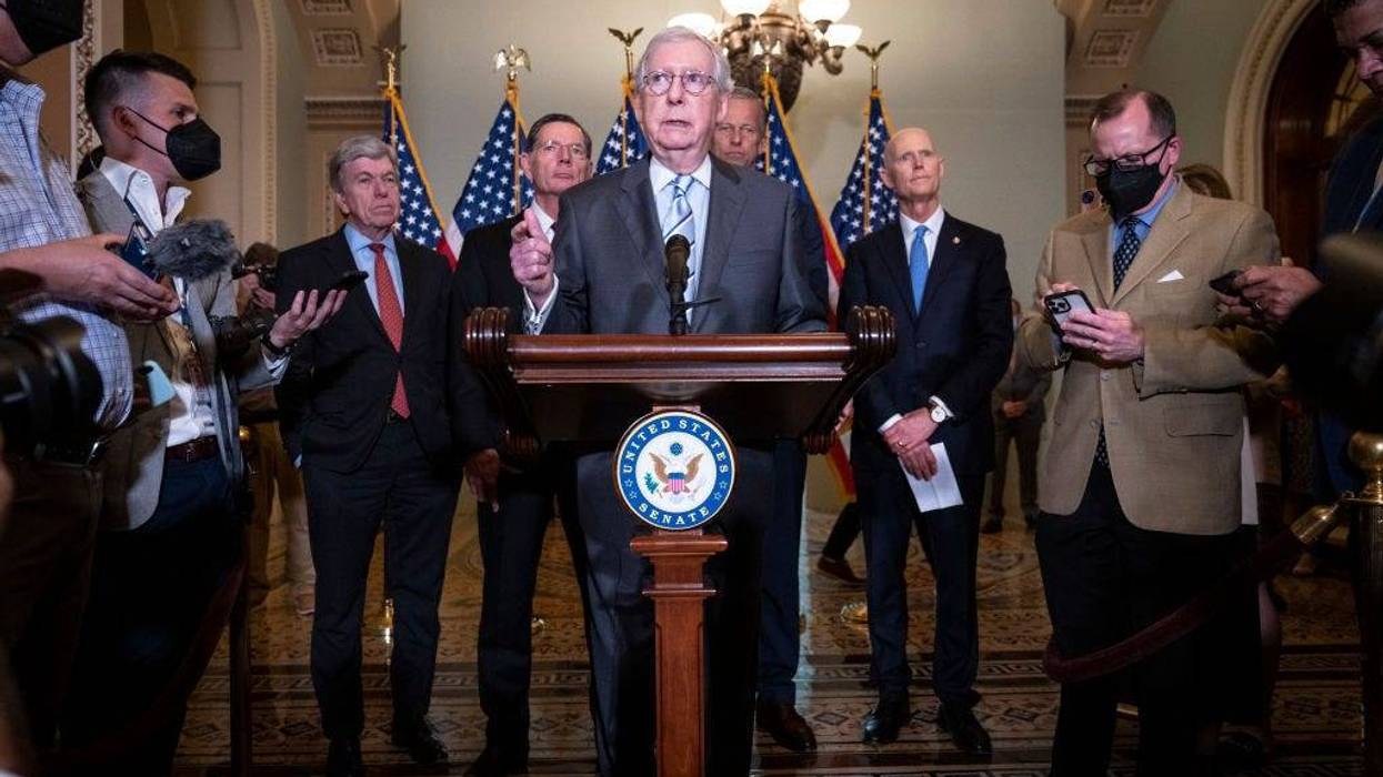 Senate Minority Leader Mitch McConnell (R-KY) speaks during a news conference after a closed-door lunch meeting with Senate Republicans at the U.S. Capitol on June 7, 2022 in Washington, DC.