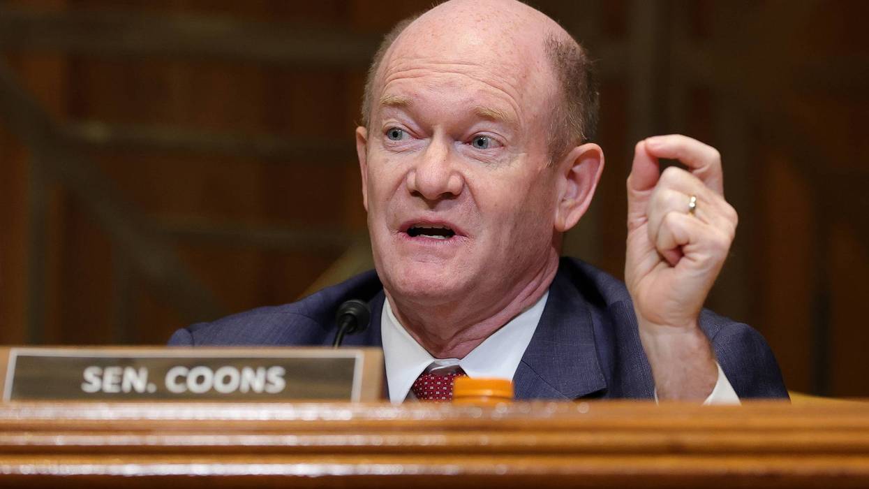 Senator Chris Coons asking questions during a Senate Appropriations Committee hearing