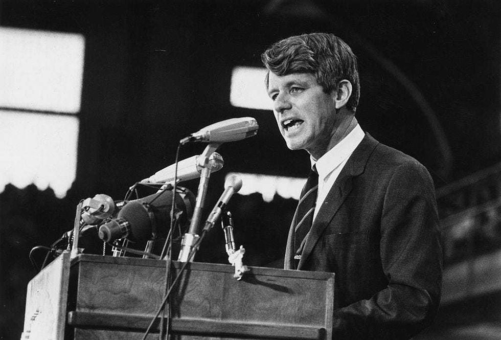 Senator Robert Kennedy speaking at an election rally in 1968.