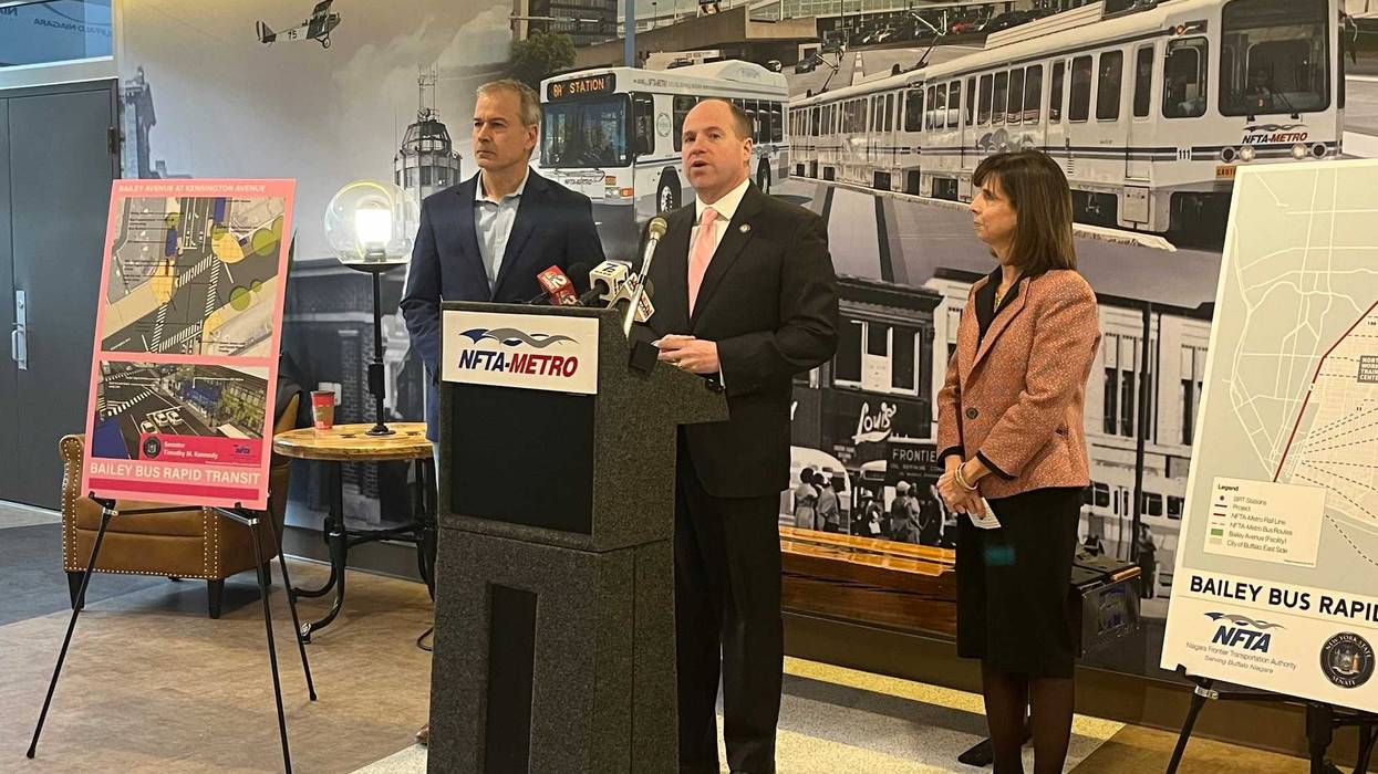 Senator Tim Kennedy alongside Buffalo DPW Commissioner Nate Marton and NFTA Executive Director Kim Minkel announcing the Bus Rapid Transit project at NFTA HQ.