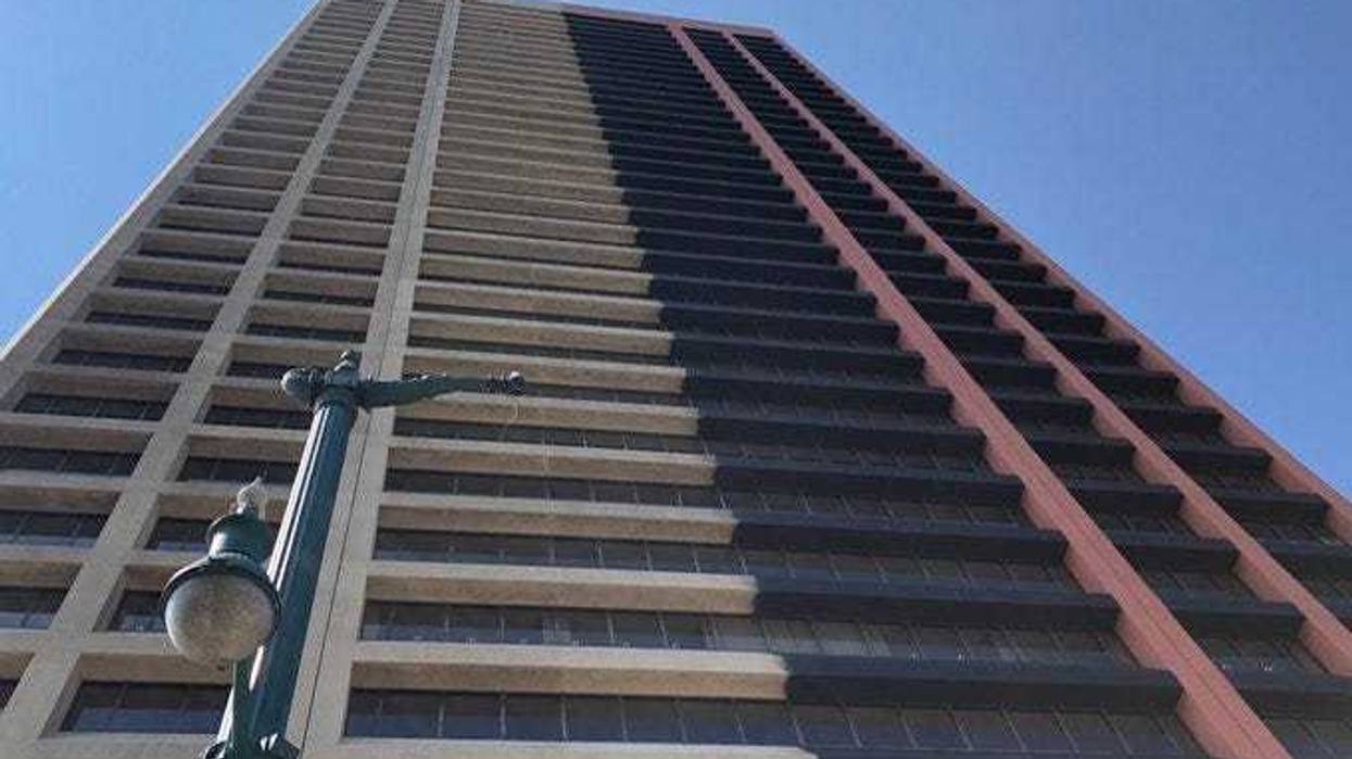 Seneca One Tower with its old and new colors. July 8, 2020 (WBEN Photo/Mike Baggerman)