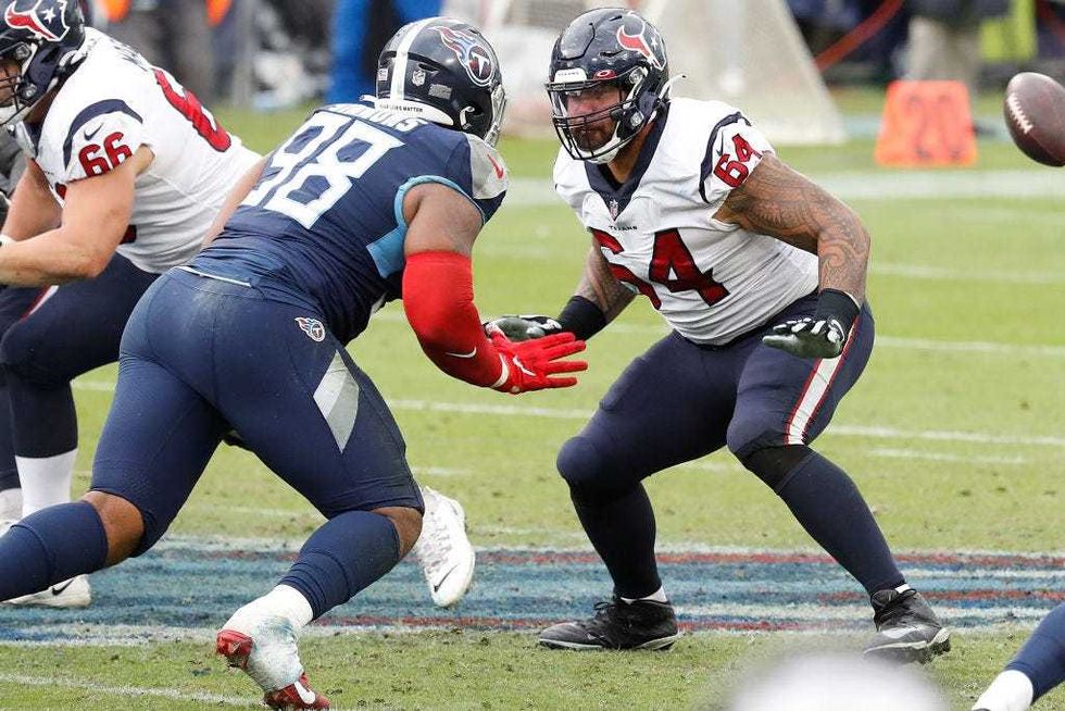 Senio Kelemete (No. 64) of the Houston Texans plays against the Tennessee Titans at Nissan Stadium on October 18, 2020 in Nashville, Tennessee.