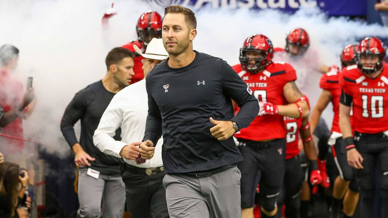 Sep 1, 2018; Houston, TX, USA; Texas Tech Red Raiders head coach Kliff Kingsbury leads the team onto the field before the game against the Mississippi Rebels at NRG Stadium. Mandatory Credit: Troy Taormina-USA TODAY Sports
