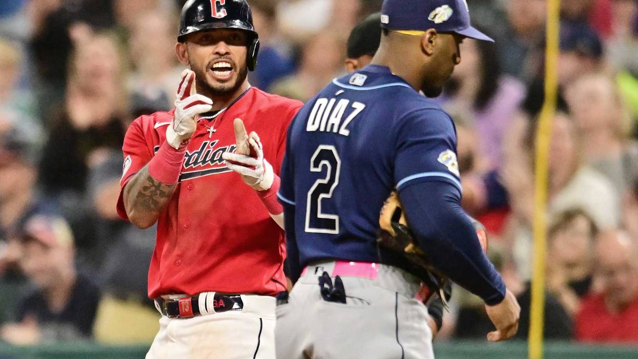 Sep 1, 2023; Cleveland, Ohio, USA; Cleveland Guardians shortstop Gabriel Arias, left, celebrates after hitting an RBI single during the seventh inning against the Tampa Bay Rays at Progressive Field. Mandatory Credit: Ken Blaze-USA TODAY Sports