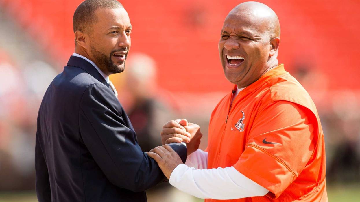 Sep 10, 2017; Cleveland, OH, USA; Cleveland Browns executive vice president of football operations Sashi Brown, left, shakes hands with head coach Hue Jackson before the game at FirstEnergy Stadium. Mandatory Credit: Scott R. Galvin-USA TODAY Sports