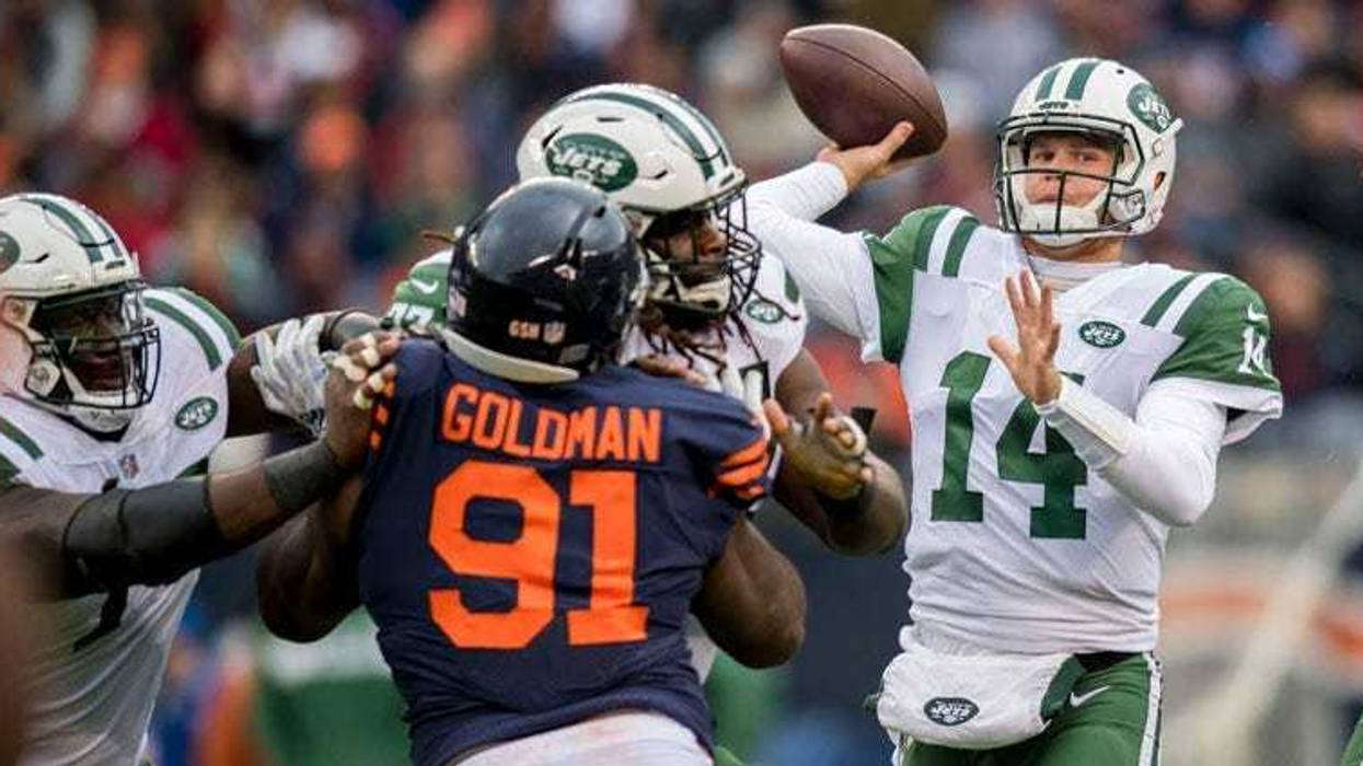 Sep 10, 2018; Detroit, MI, USA; New York Jets quarterback Sam Darnold (14) during the first quarter against the Detroit Lions at Ford Field. Mandatory Credit: Tim Fuller-USA TODAY Sports