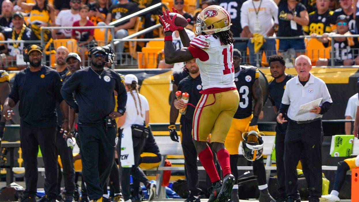 Sep 10, 2023; Pittsburgh, Pennsylvania, USA; San Francisco 49ers wide receiver Brandon Aiyuk (11) makes a catch against the Pittsburgh Steelers during the second half at Acrisure Stadium.