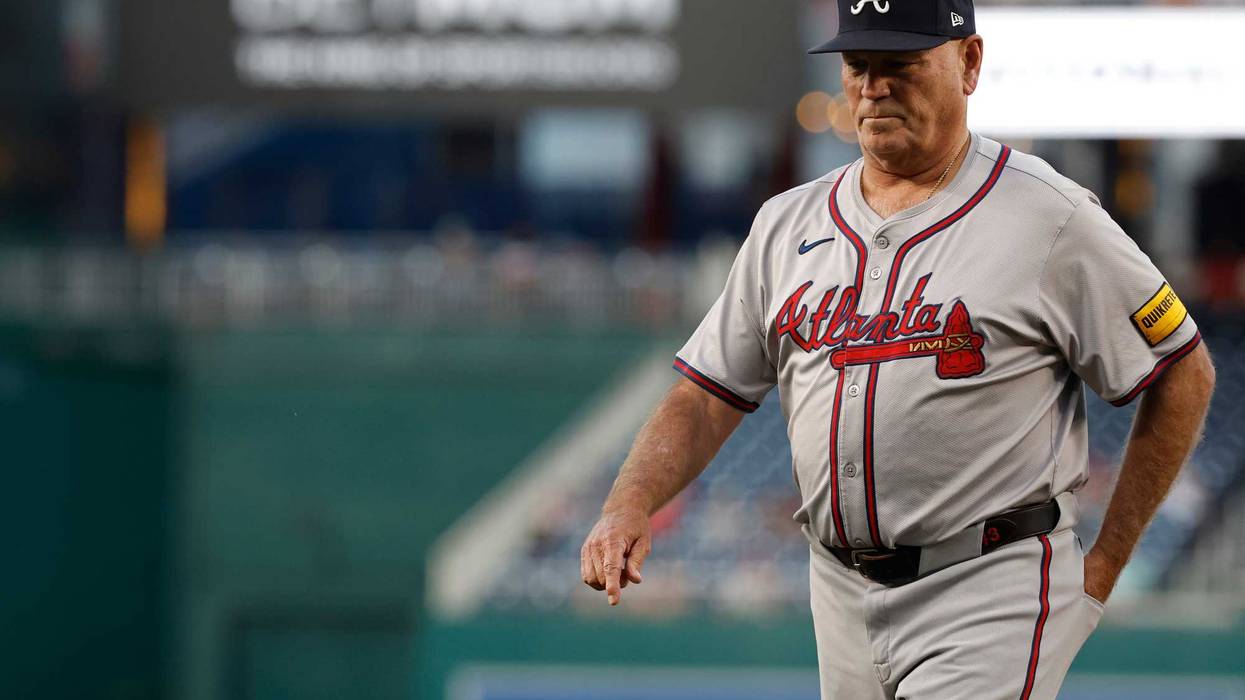 Sep 10, 2024; Washington, District of Columbia, USA; Atlanta Braves manager Brian Snitker (43) walks back to the dugout after checking on Braves pitcher Reynaldo Lopez (not pictured) against the Washington Nationals during the first inning at Nationals Park. Mandatory Credit: Geoff Burke-Imagn Images
