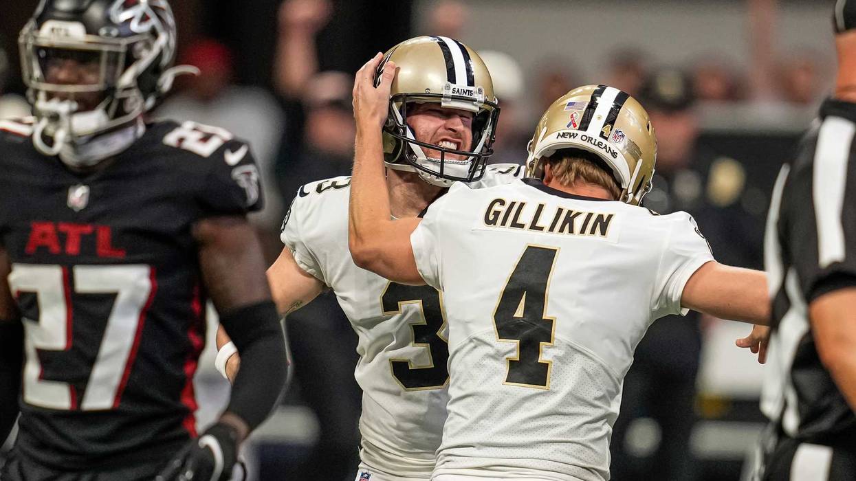 Sep 11, 2022; Atlanta, Georgia, USA; New Orleans Saints place kicker Wil Lutz (3) reacts with punter Blake Gillikin (4) after he kicked the go ahead field goal against the Atlanta Falcons during the second half at Mercedes-Benz Stadium.
