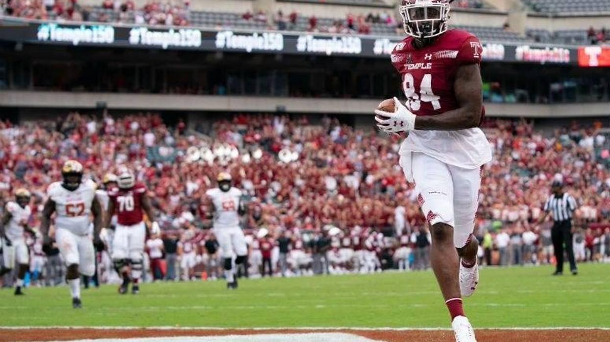 Sep 14, 2019; Philadelphia, PA, USA; Temple Owls tight end Kenny Yeboah (84) scores a touchdown against the Maryland Terrapins during the fourth quarter at Lincoln Financial Field.