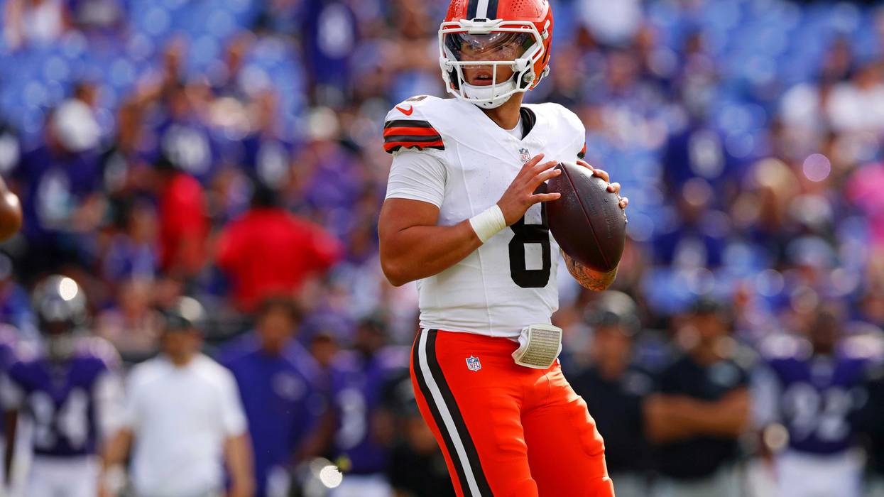 Sep 14, 2025; Baltimore, Maryland, USA; Cleveland Browns quarterback Dillon Gabriel (8) drops back to pass during the second half against the Baltimore Ravens at M&T Bank Stadium.