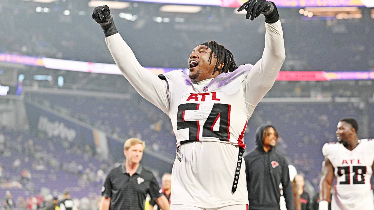 Sep 14, 2025; Minneapolis, Minnesota, USA; Atlanta Falcons defensive tackle Brandon Dorlus (54) celebrates after the game against the Minnesota Vikings at U.S. Bank Stadium. Mandatory Credit: Jeffrey Becker-Imagn Images