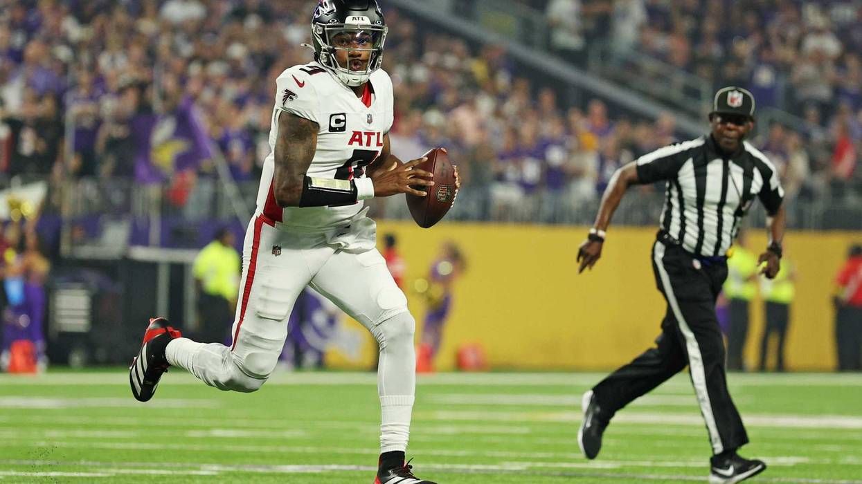 Sep 14, 2025; Minneapolis, Minnesota, USA; Atlanta Falcons quarterback Michael Penix Jr. (9) looks to make a pass during the first half against the Minnesota Vikings at U.S. Bank Stadium. Mandatory Credit: Matt Krohn-Imagn Images