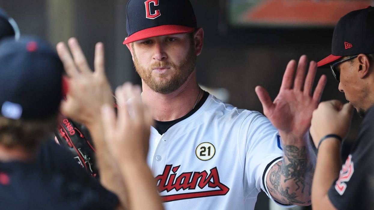 Sep 15, 2024; Cleveland, Ohio, USA; Cleveland Guardians starting pitcher Ben Lively (39) celebrates after leaving the game during the sixth inning against the Tampa Bay Rays at Progressive Field.
