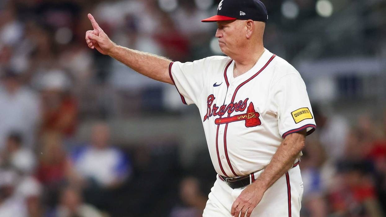 Sep 16, 2024; Atlanta, Georgia, USA; Atlanta Braves manager Brian Snitker (43) makes a pitching change against the Los Angeles Dodgers in the seventh inning at Truist Park. Mandatory Credit: Brett Davis-Imagn Images