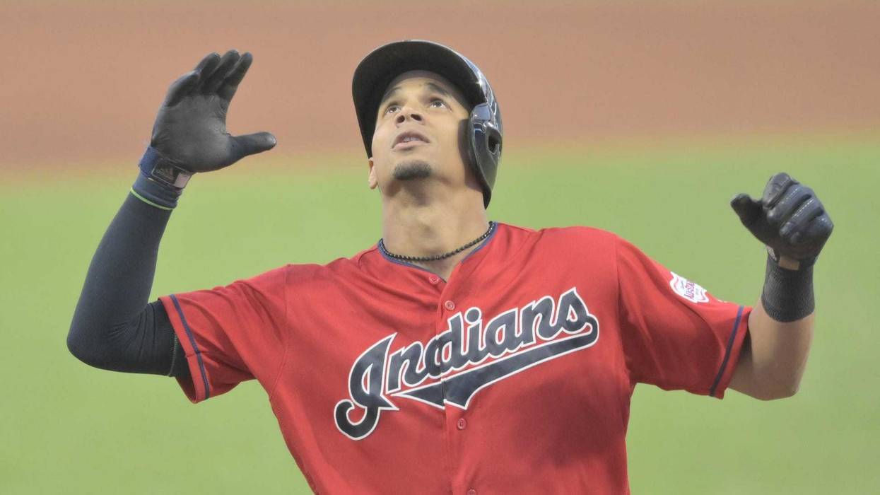 Sep 17, 2019; Cleveland, OH, USA; Cleveland Indians center fielder Oscar Mercado (35) celebrates his solo home run in the first inning against the Detroit Tigers at Progressive Field. Mandatory Credit: David Richard-USA TODAY Sports