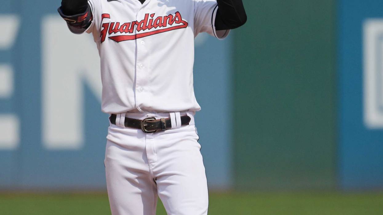 Sep 17, 2022; Cleveland, Ohio, USA; Cleveland Guardians second baseman Andres Gimenez (0) celebrates after hitting a double during the fourth inning against the Minnesota Twins at Progressive Field.
