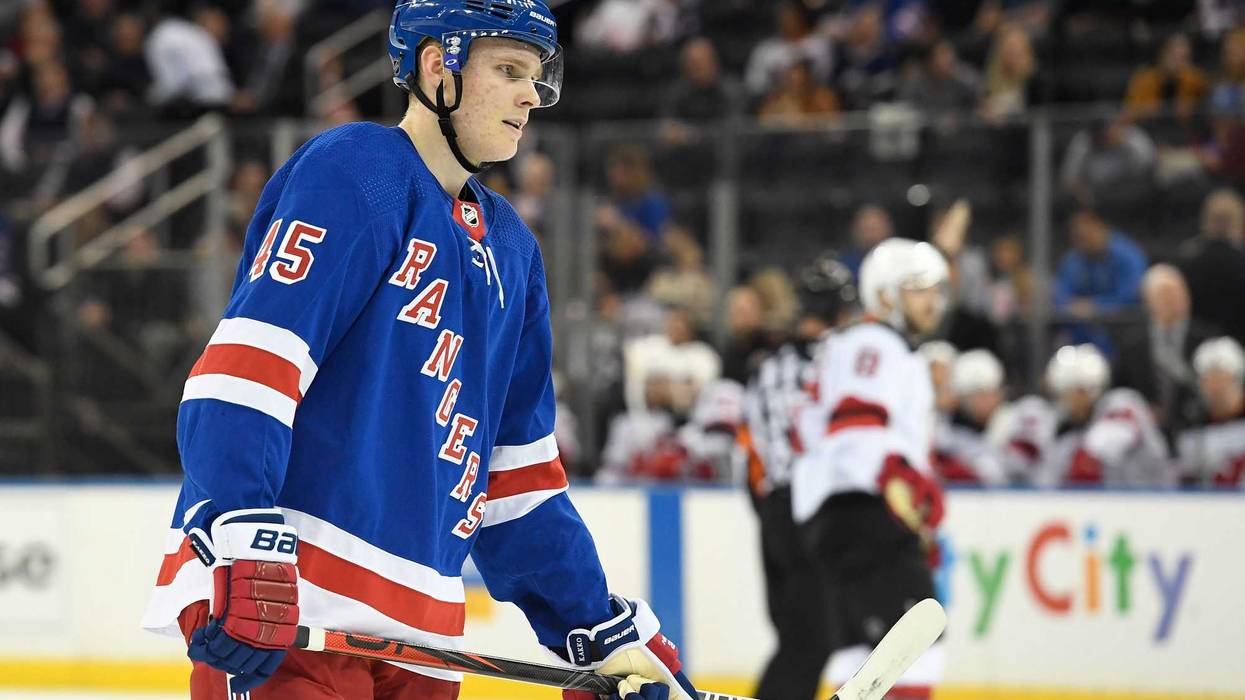 Sep 18, 2019; New York, NY, USA; New York Rangers right wing Kaapo Kakko (45) looks on during the first period against the New Jersey Devils at Madison Square Garden.