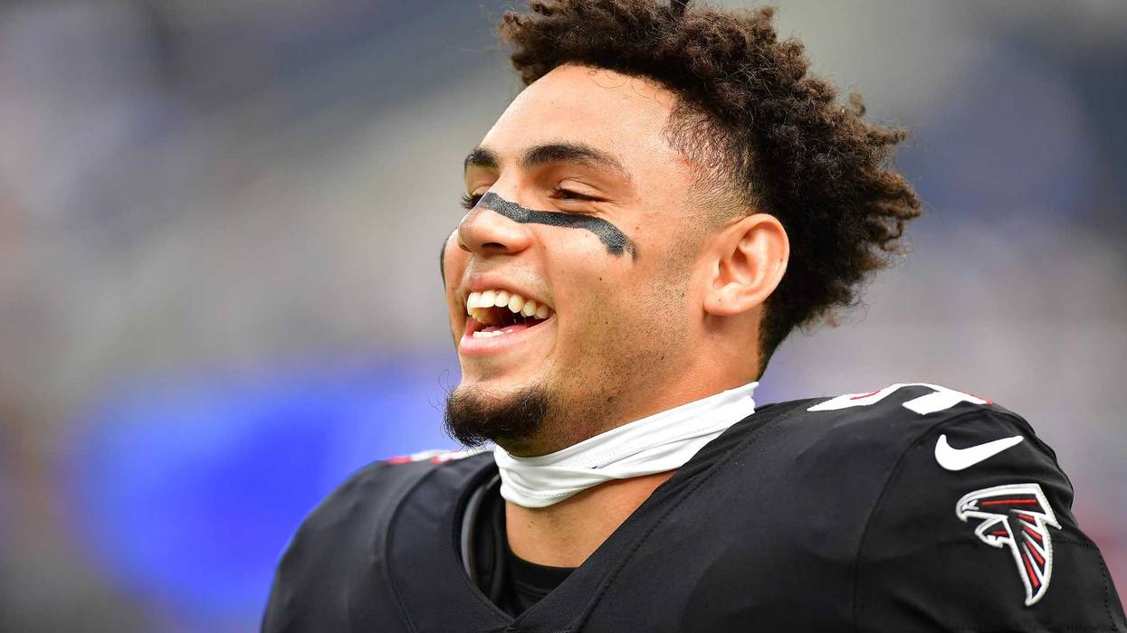 Sep 18, 2022; Inglewood, California, USA; Atlanta Falcons wide receiver Drake London (5) reacts before playing against the Los Angeles Rams at SoFi Stadium.