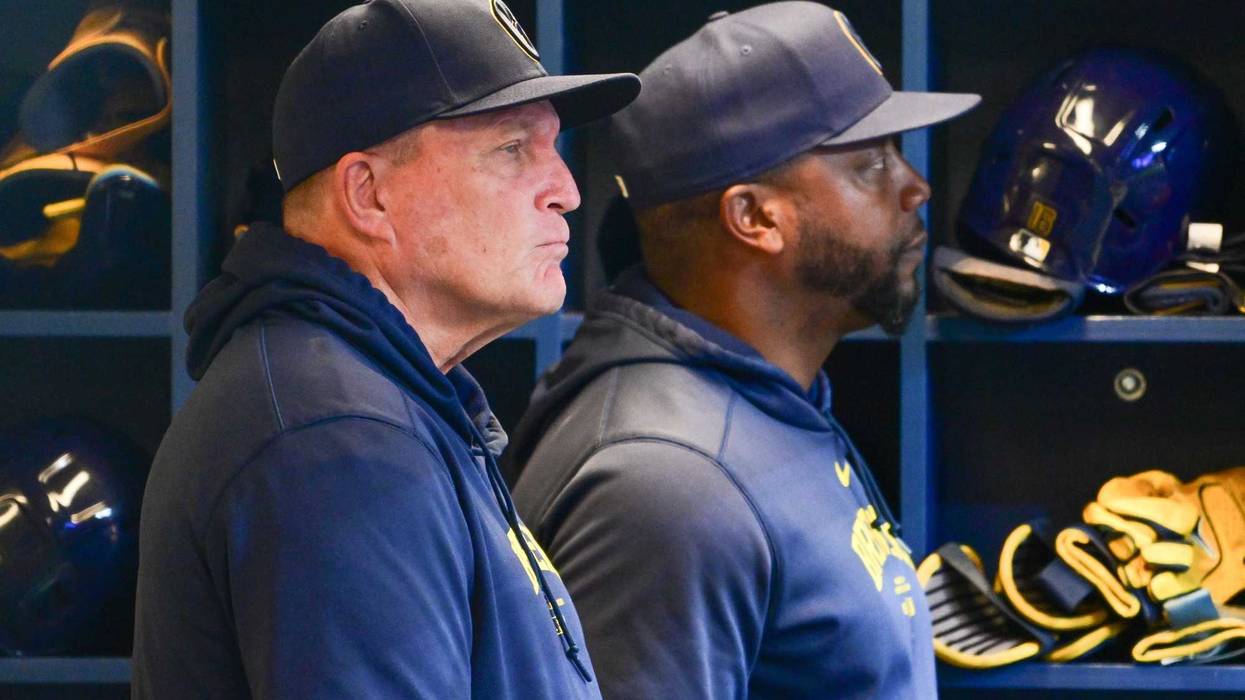 Sep 18, 2024; Milwaukee, Wisconsin, USA; Milwaukee Brewers manager Pat Murphy and bench coach Rickie Weeks looks on in the fifth inning against the Philadelphia Phillies at American Family Field. Mandatory Credit: Benny Sieu-Imagn Images