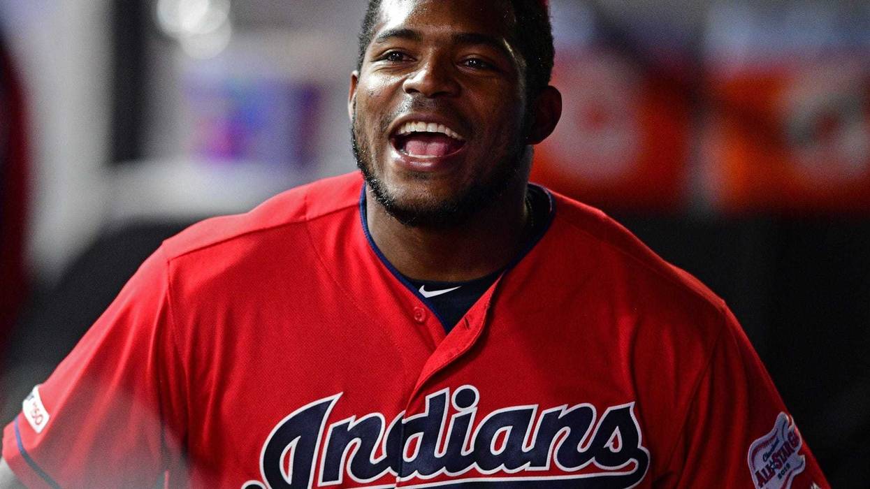 Sep 19, 2019; Cleveland, OH, USA; Cleveland Indians right fielder Yasiel Puig (66) smiles in the dugout during the fourth inning against the Detroit Tigers at Progressive Field. Mandatory Credit: David Dermer-USA TODAY Sports