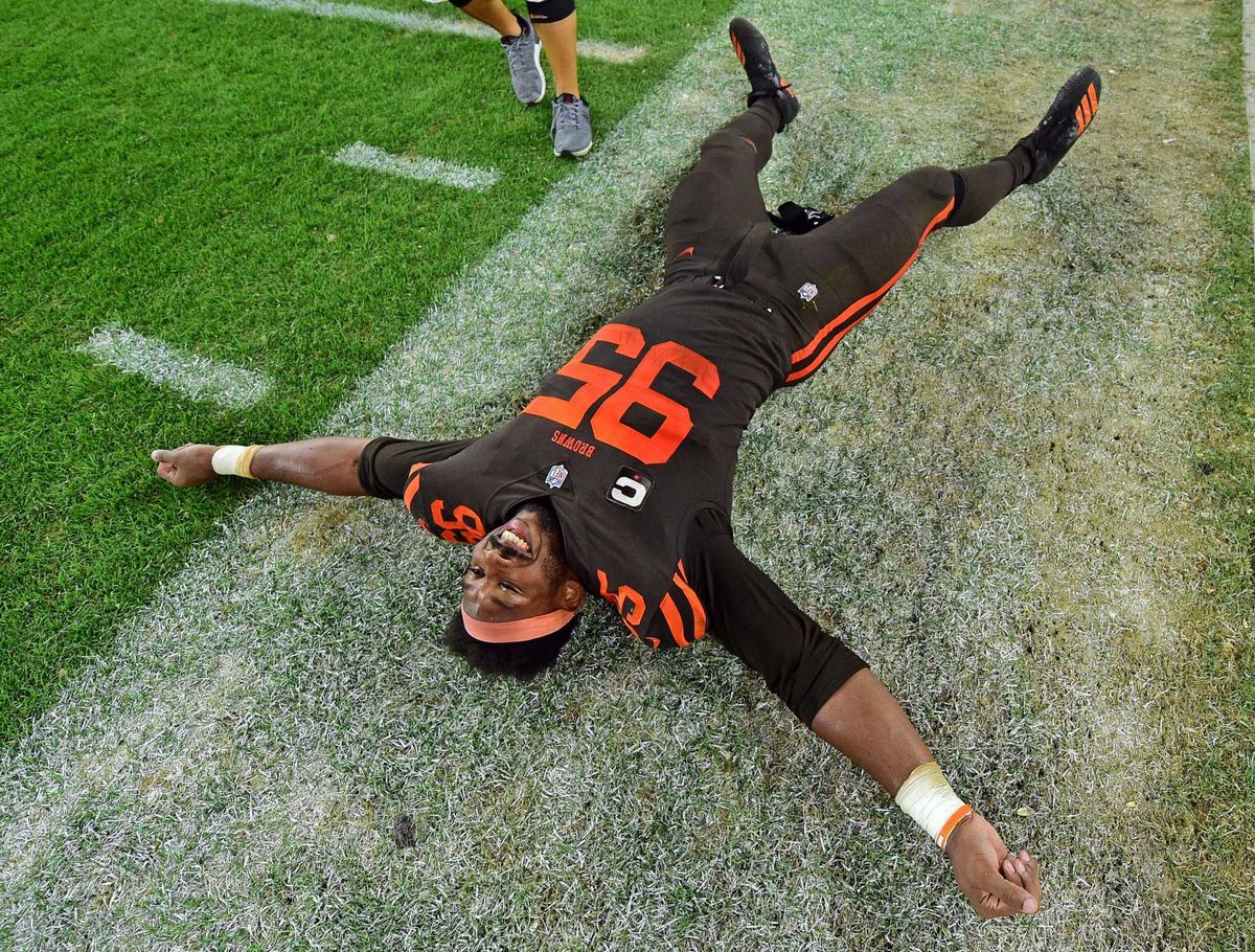 Sep 20, 2018; Cleveland, OH, USA; Cleveland Browns defensive end Myles Garrett (95) celebrates after the second half of a game against the New York Jets at FirstEnergy Stadium.