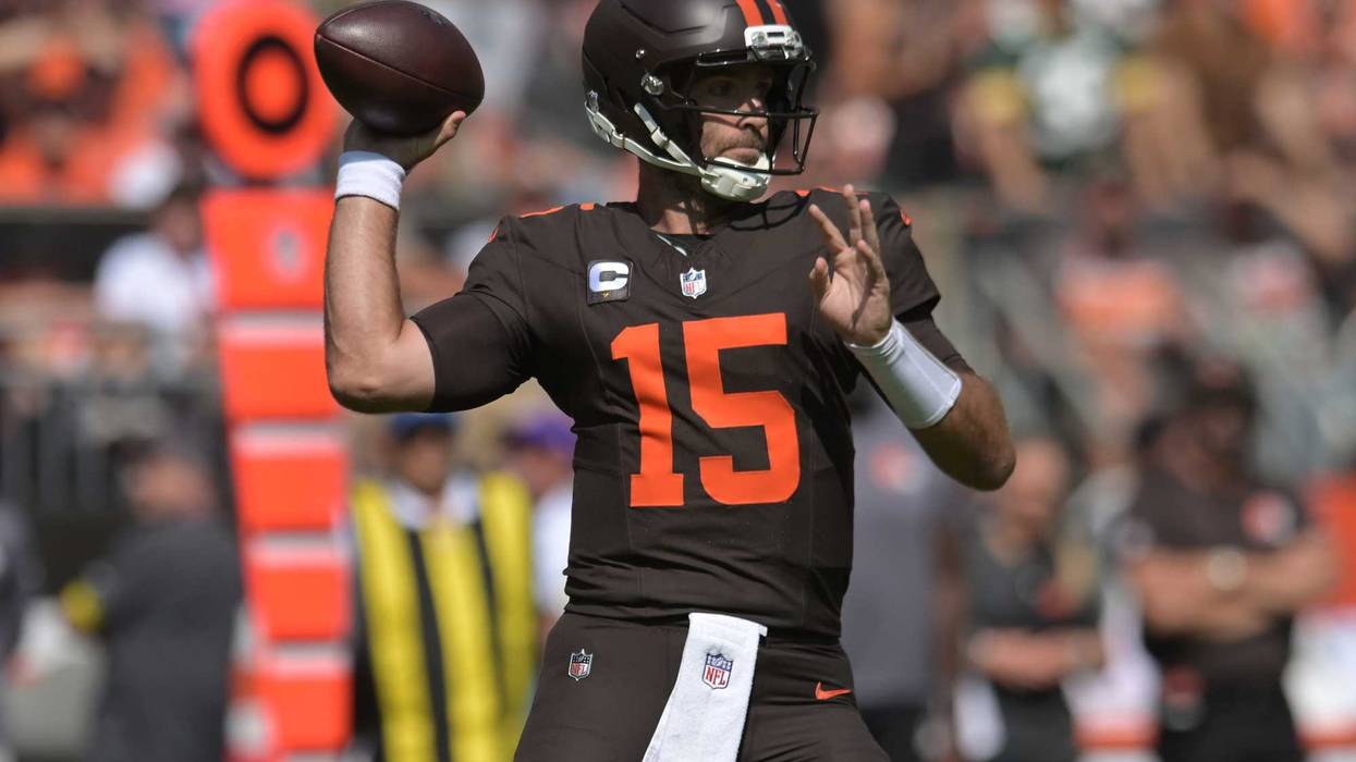 Sep 21, 2025; Cleveland, Ohio, USA; Cleveland Browns quarterback Joe Flacco (15) throws a pass against the Green Bay Packers during the first quarter at Huntington Bank Field.