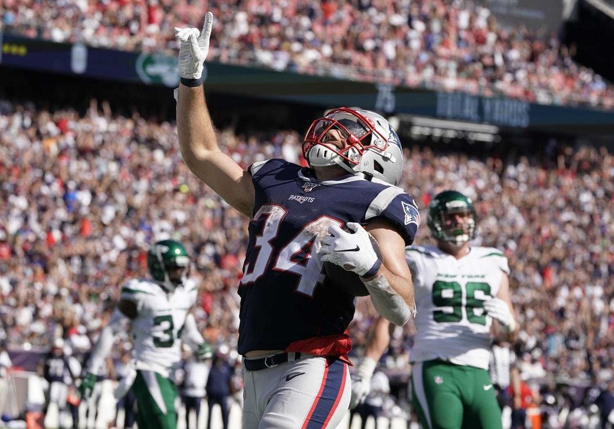 Sep 22, 2019; Foxborough, MA, USA; New England Patriots running back Rex Burkhead (34) reacts after his touchdown run against the New York Jets in the third quarter at Gillette Stadium. Mandatory Credit: David Butler II-USA TODAY Sports