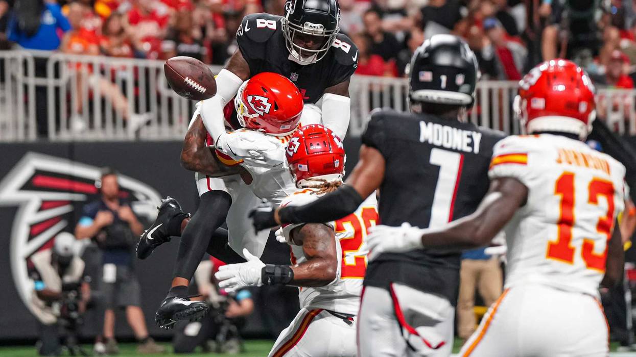 Sep 22, 2024; Atlanta, Georgia, USA; Kansas City Chiefs safety Bryan Cook (6) breaks up a pass against Atlanta Falcons tight end Kyle Pitts (8) in the end zone during the second half at Mercedes-Benz Stadium. Mandatory Credit: Dale Zanine-Imagn Images