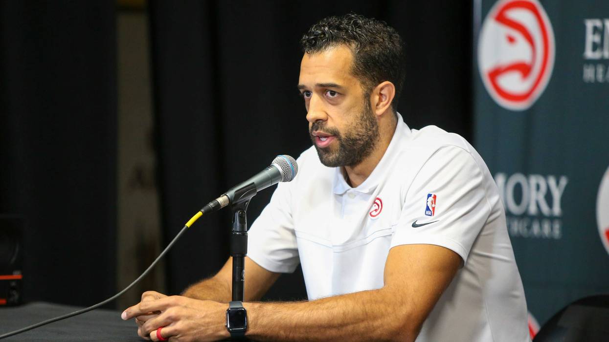 Sep 23, 2022; Atlanta, GA, USA; Atlanta Hawks general manager Landry Fields speaks at a press conference at Hawks Media Day. Mandatory Credit: Brett Davis-USA TODAY Sports