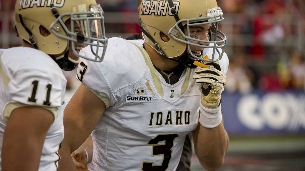 Sep 24, 2016; Las Vegas, NV, USA; Idaho Vandals linebacker Kaden Elliss (3) and Idaho Vandals safety Russell Siavii (11) react after scoring a touchdown against the UNLV Rebels during the first quarter at Sam Boyd Stadium.