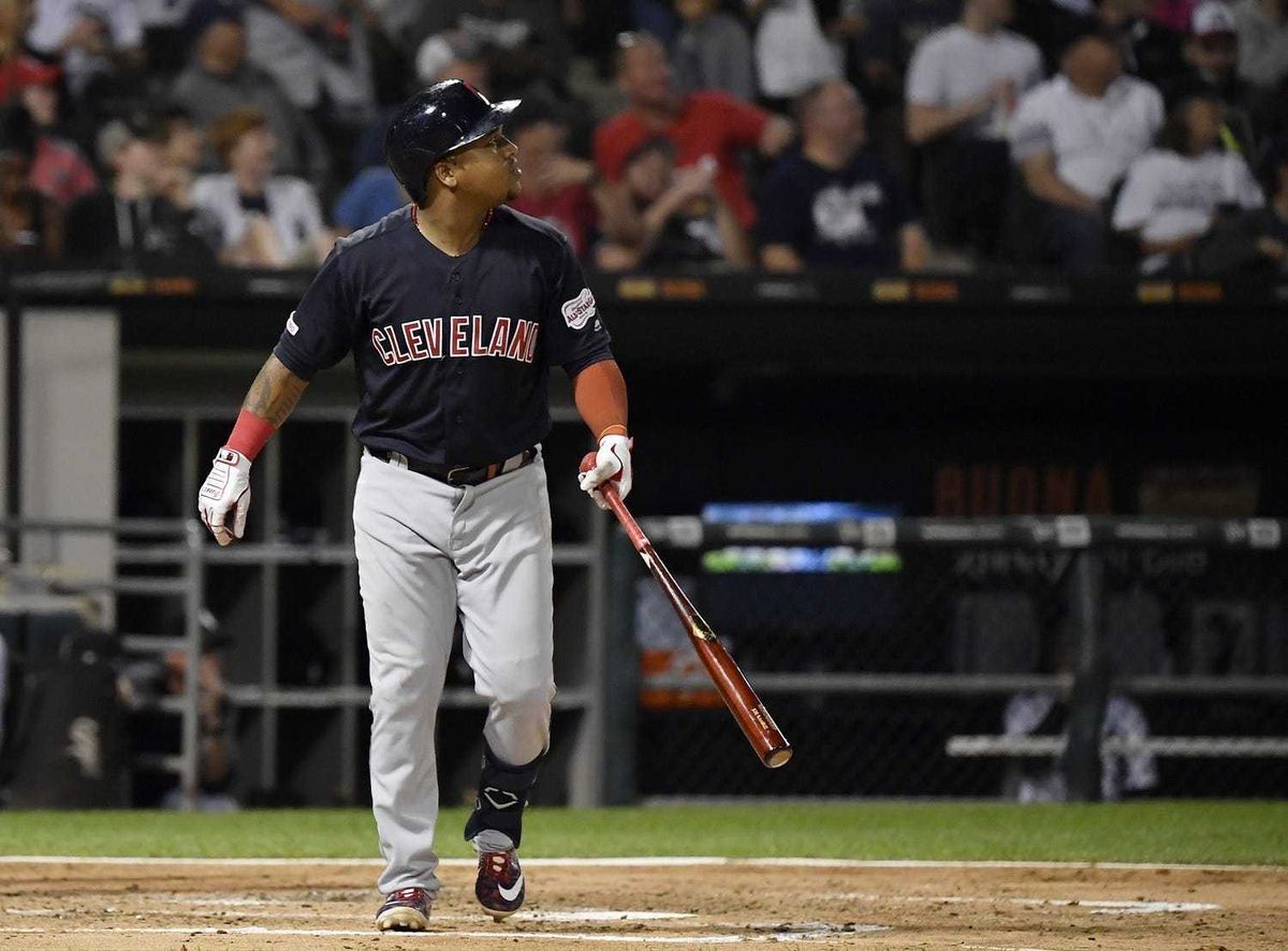 Sep 24, 2019; Chicago, IL, USA; Cleveland Indians third baseman Jose Ramirez (11) hits a three run home run in the third inning against the Chicago White Sox at Guaranteed Rate Field. Mandatory Credit: Quinn Harris-USA TODAY Sports