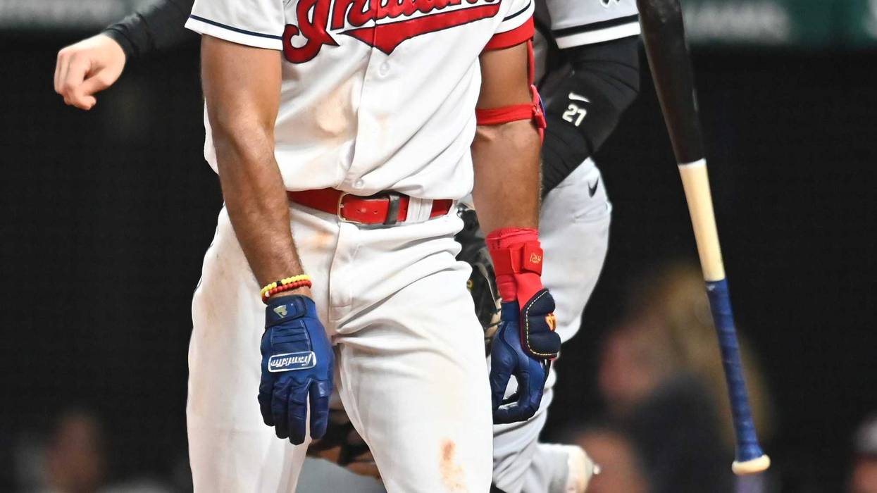 Sep 24, 2021; Cleveland, Ohio, USA; Cleveland Indians shortstop Amed Rosario (1) throws his bat after striking out during the eighth inning against the Chicago White Sox at Progressive Field.