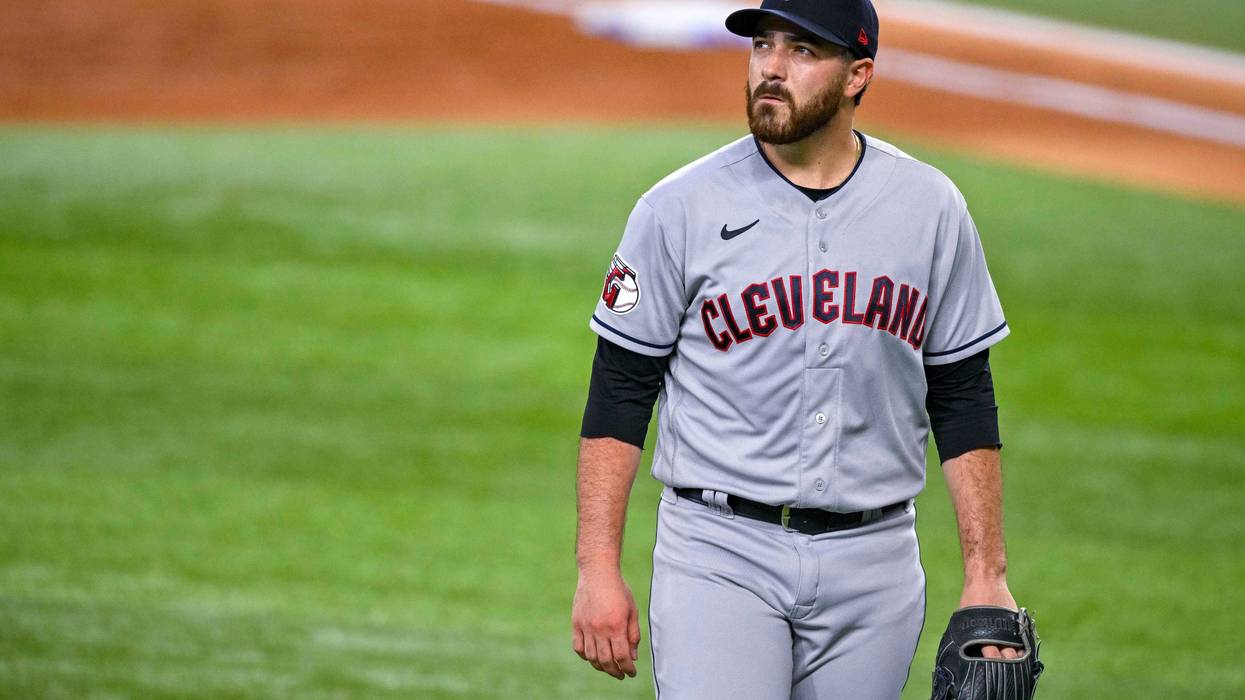 Sep 25, 2022; Arlington, Texas, USA; Cleveland Guardians starting pitcher Aaron Civale (43) walks off the field after he pitches against the Texas Rangers during the second inning at Globe Life Field.